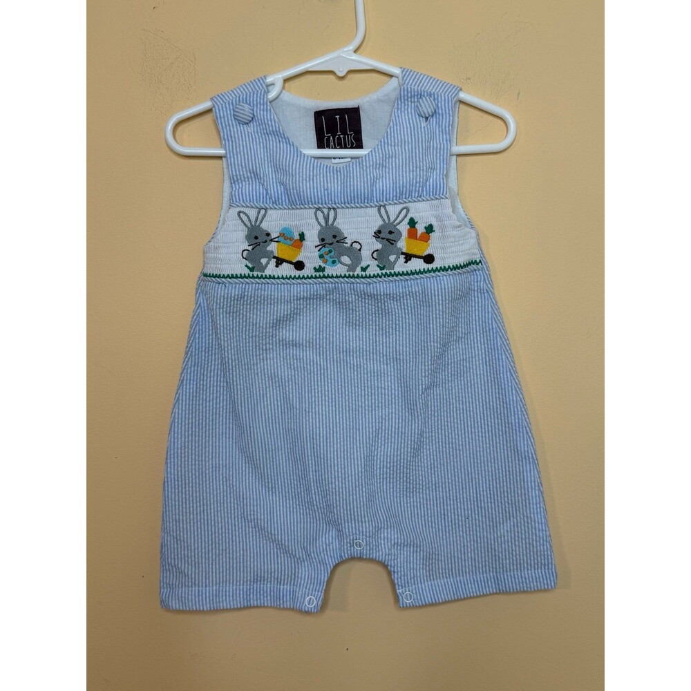 Lil Cactus white striped seersucker romper baby boy size 6-12 months bunny